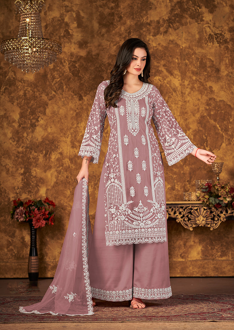 Mauve Net Embroidered Stunning Palazzo Suit