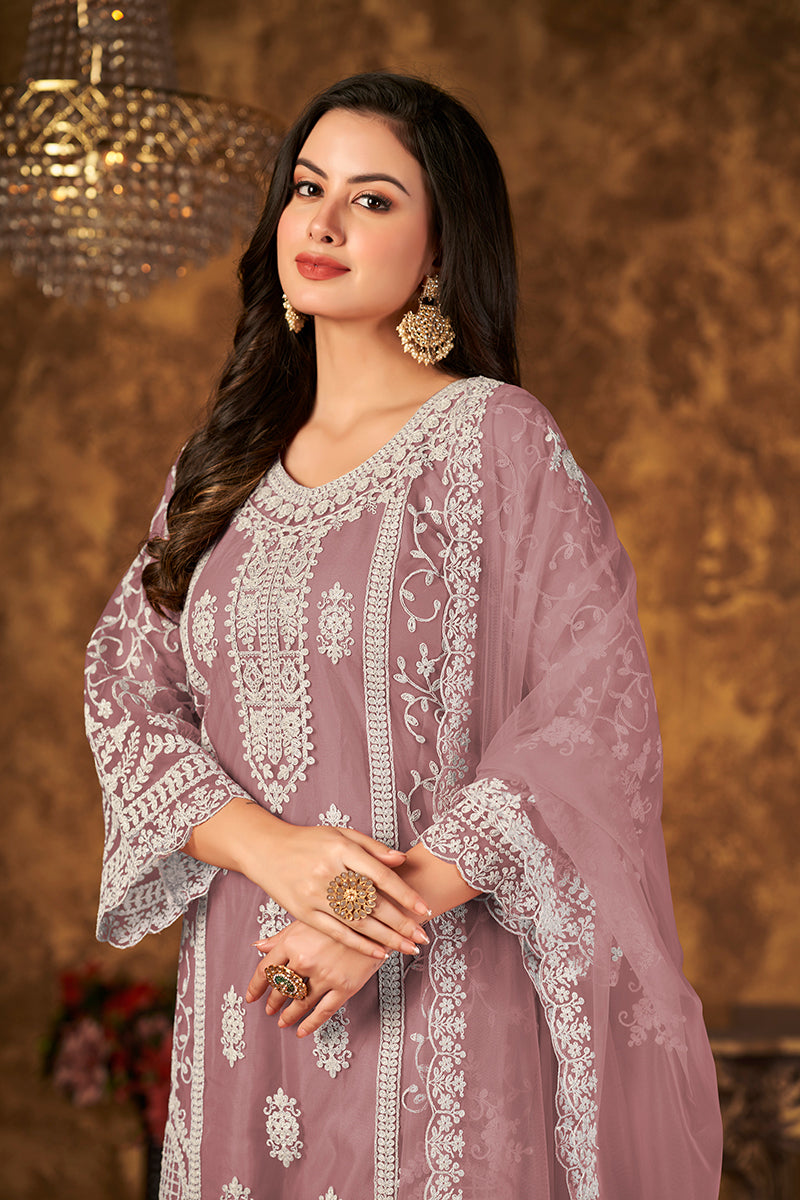 Mauve Net Embroidered Stunning Palazzo Suit