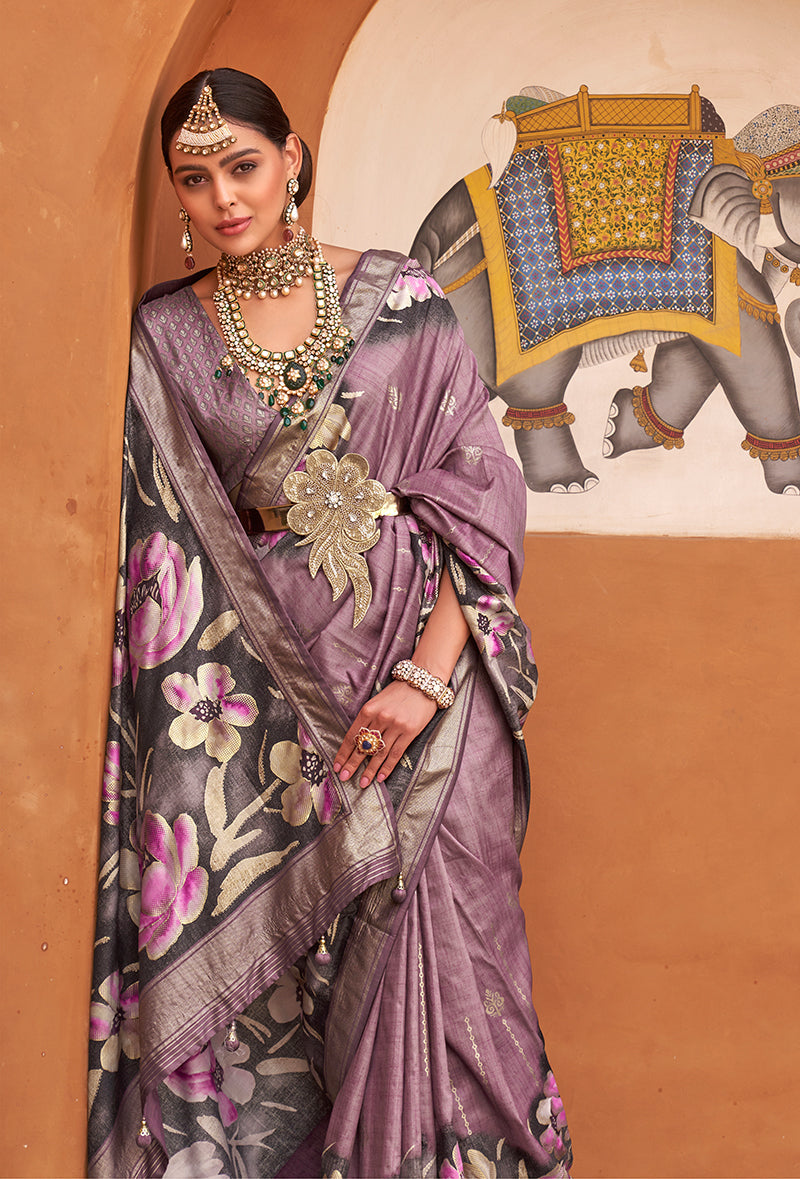 Mauve Silk Blend Weaving Printed Saree With Blouse