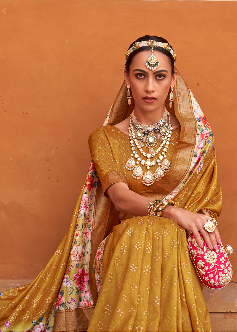 Mustard Silk Blend Weaving Printed Saree With Blouse