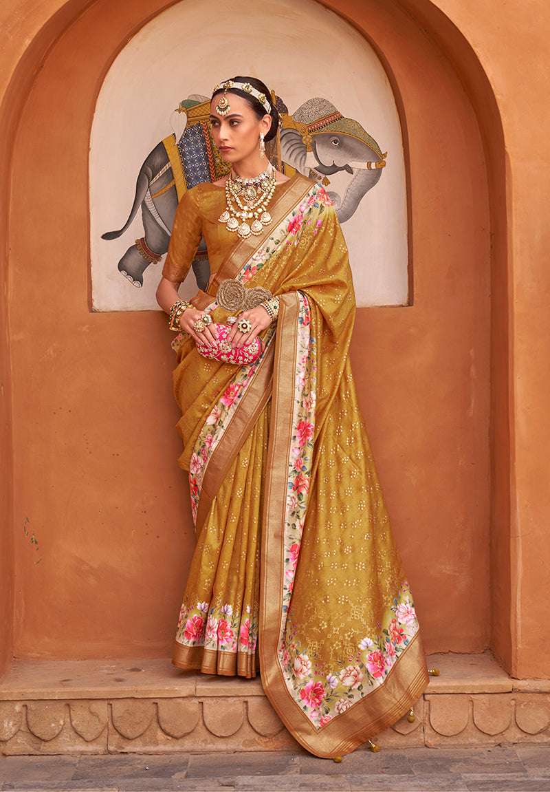 Mustard Silk Blend Weaving Printed Saree With Blouse