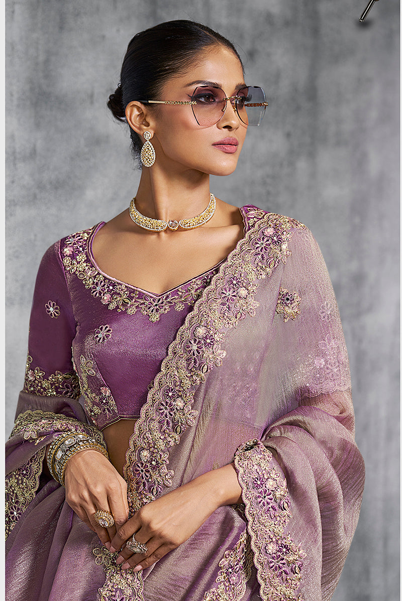 Mauve Tissue Traditional Saree with Embroidered, Resham and Thread Work for Ceremonial