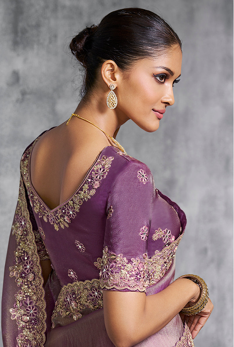 Mauve Tissue Traditional Saree with Embroidered, Resham and Thread Work for Ceremonial