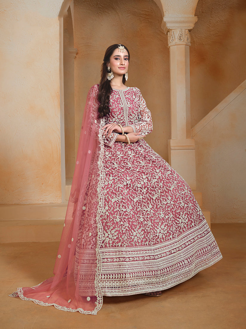 Pink Net Embroidered Trendy Wedding Season Anarkali Suit