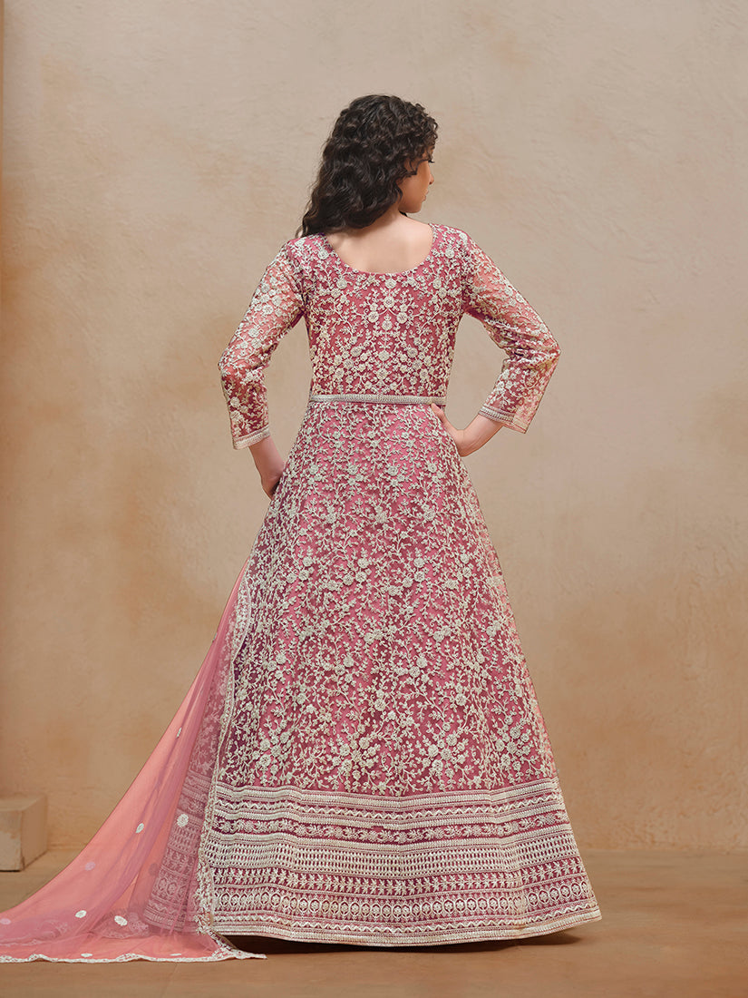 Pink Net Embroidered Trendy Wedding Season Anarkali Suit