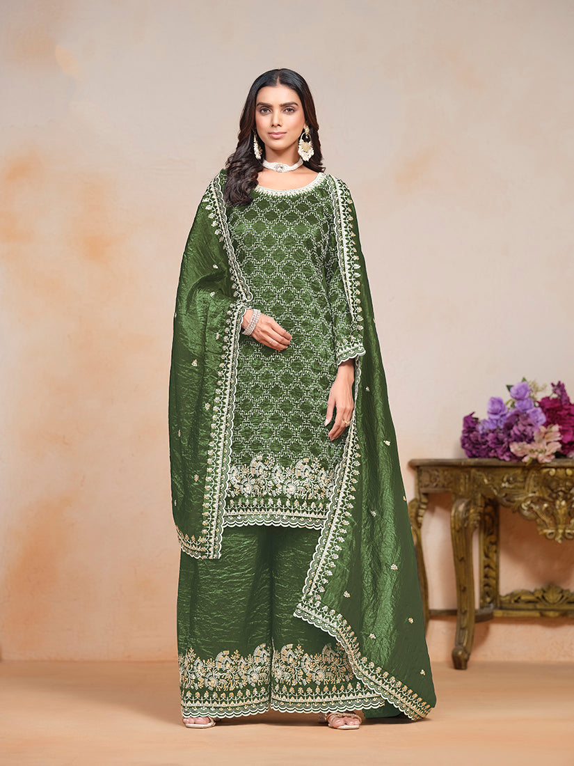Mehendi Green Gold Crush Sequins Work Designer Palazzo Suit