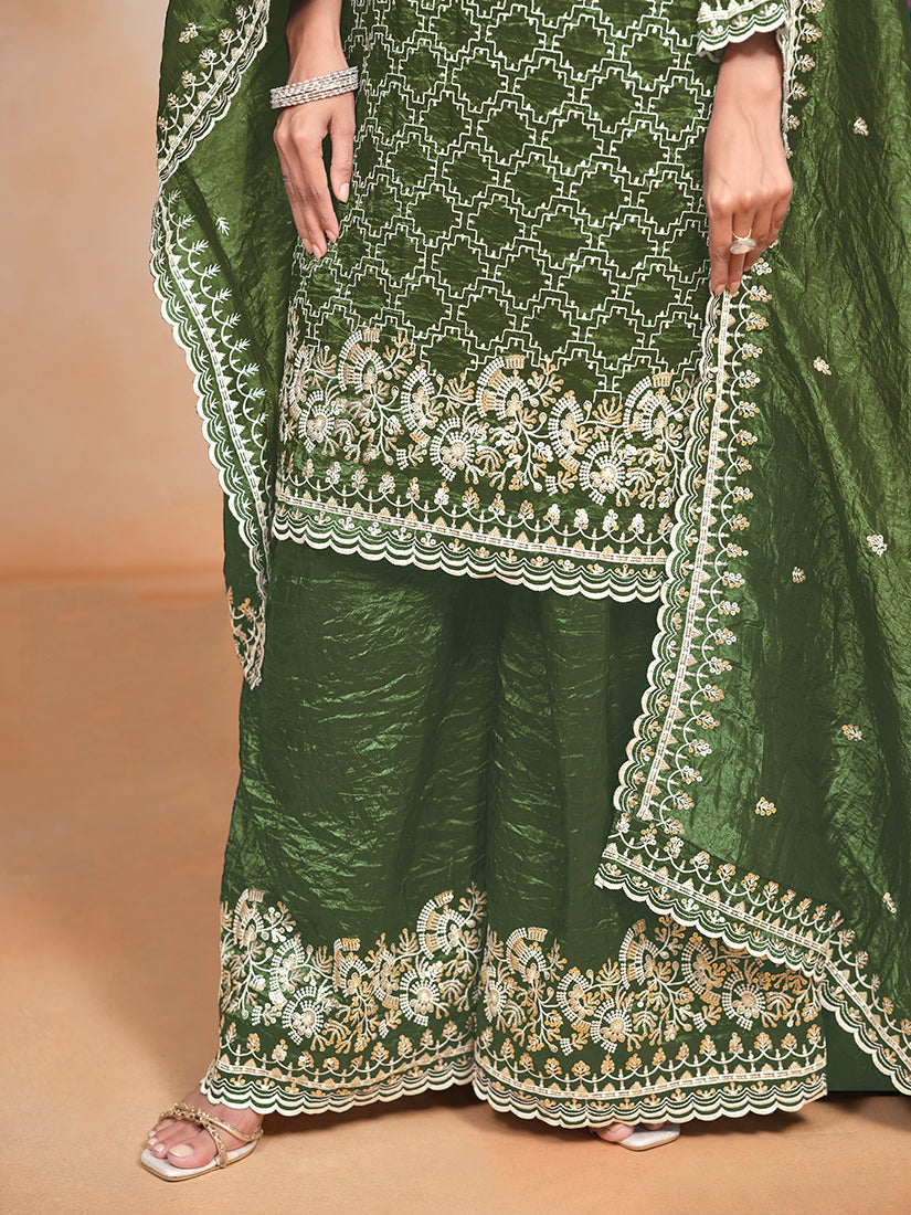 Mehendi Green Gold Crush Sequins Work Designer Palazzo Suit