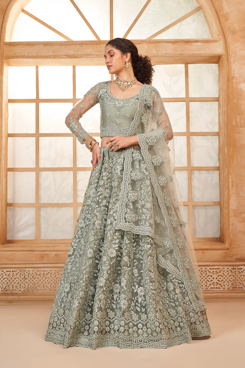 Light Grey Net Embroidered Designer Bridal Lehenga Choli