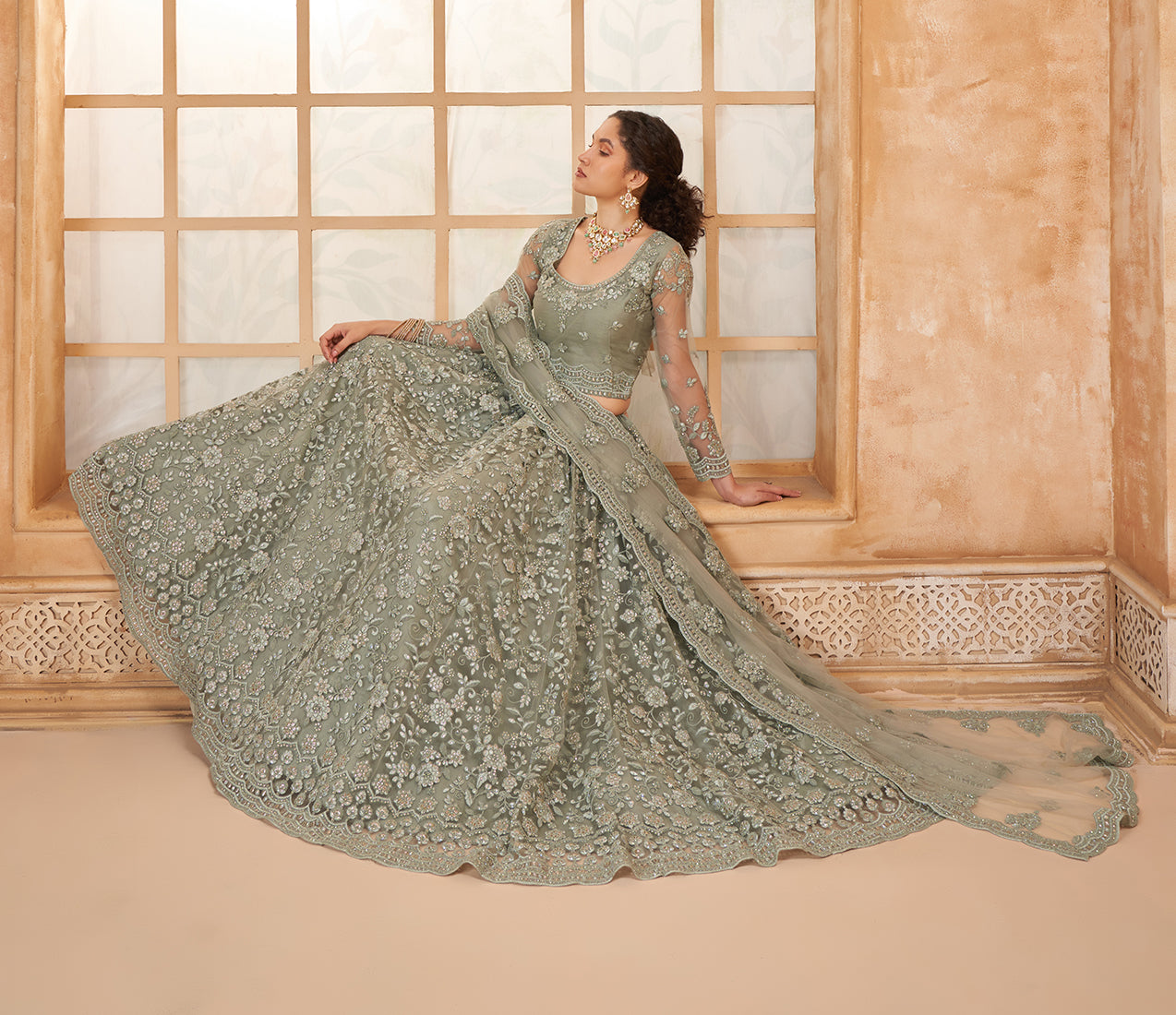 Light Grey Net Embroidered Designer Bridal Lehenga Choli