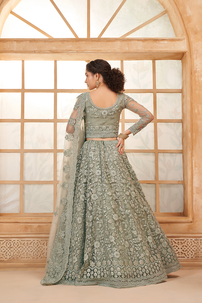 Light Grey Net Embroidered Designer Bridal Lehenga Choli