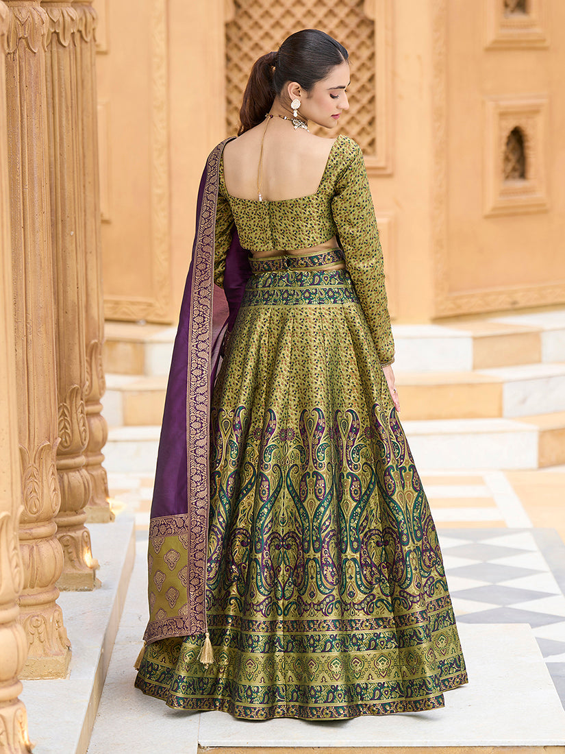 Mehendi Kanijwaram Jacquard Designer Lehenga Choli For Ceremonial