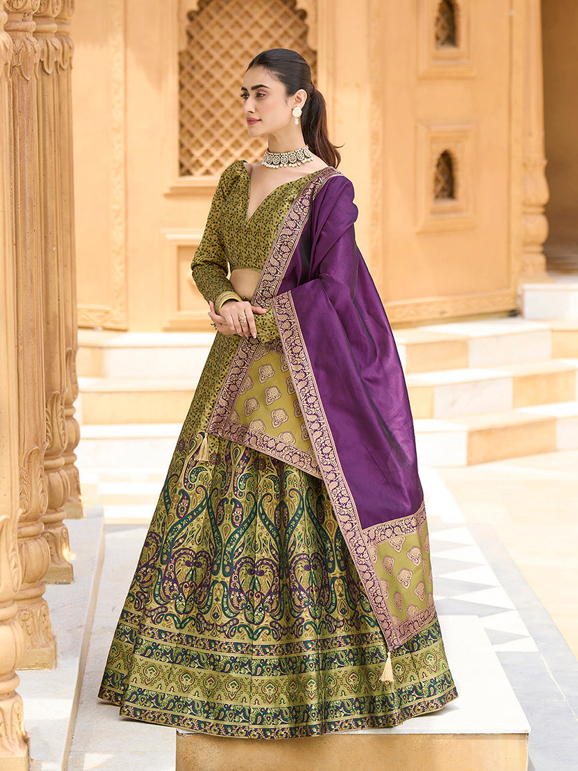Mehendi Kanijwaram Jacquard Designer Lehenga Choli For Ceremonial