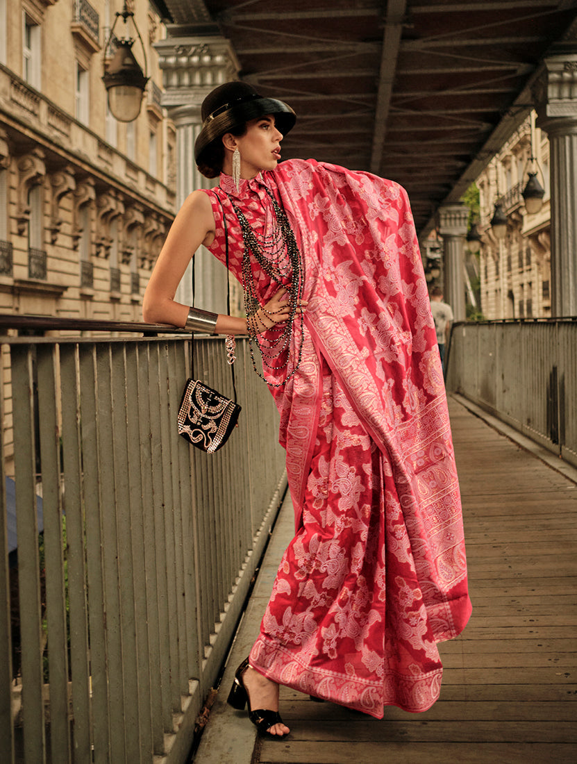 Red Lucknowi Organza Woven Silk Contemporary Saree