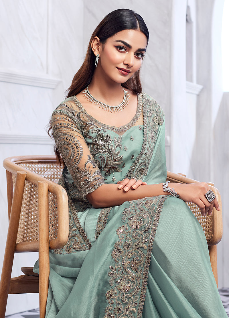 Mint Green Silk Zari Embroidered Saree