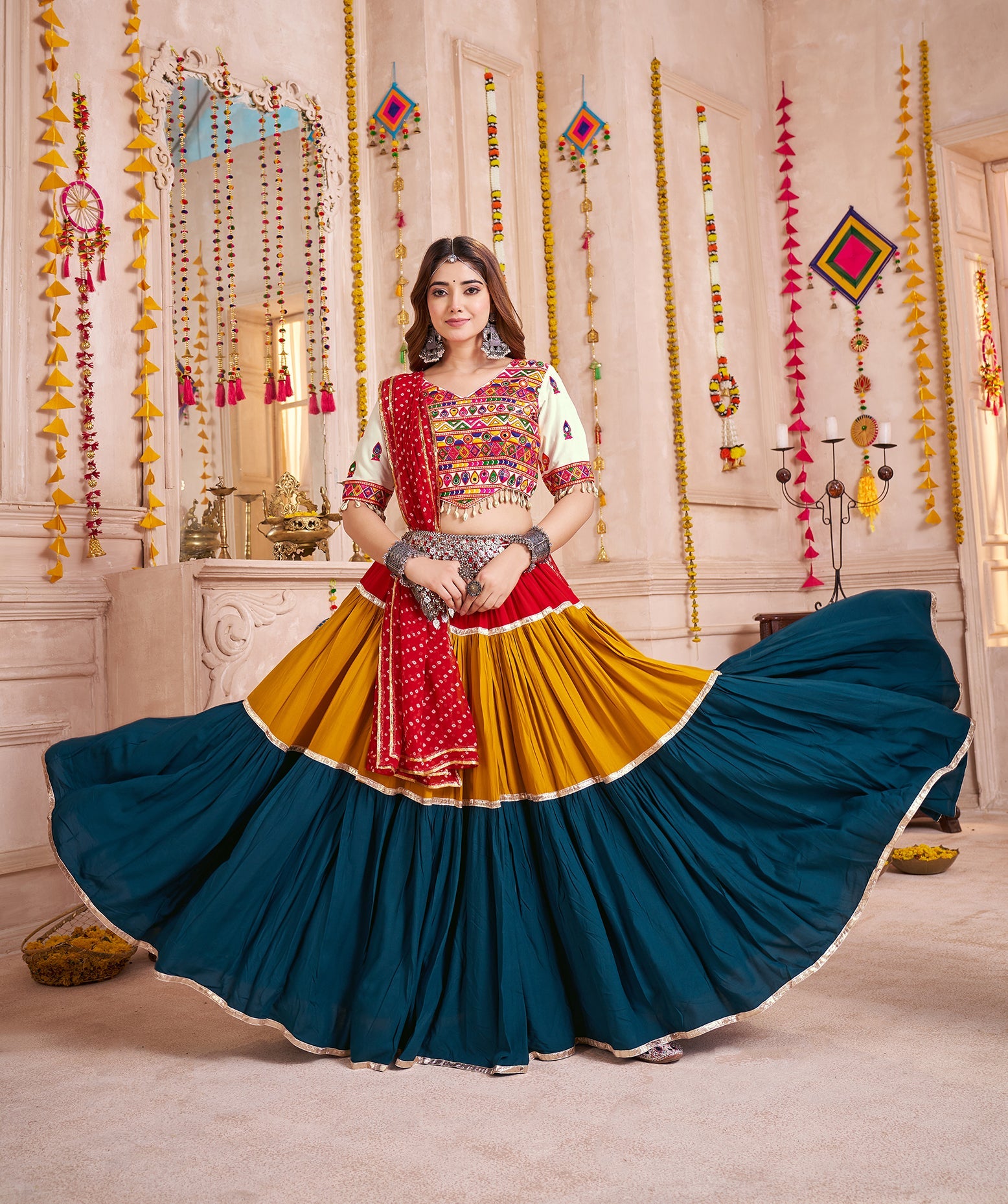 Mirror And Kodi Work Colorful Navratri Chaniya Choli In Viscose Cotton
