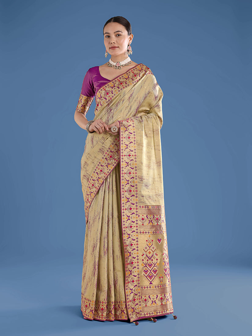 Beige Color Banarasi Tissue Silk Paithani Woven Saree - Monjolika Fashion