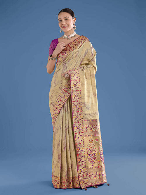 Beige Color Banarasi Tissue Silk Paithani Woven Saree - Monjolika Fashion