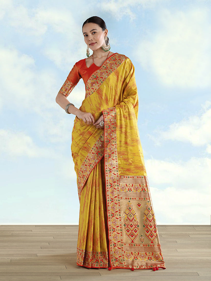 Mustard Yellow Color Banarasi Tissue Silk Paithani Woven Saree - Monjolika Fashion