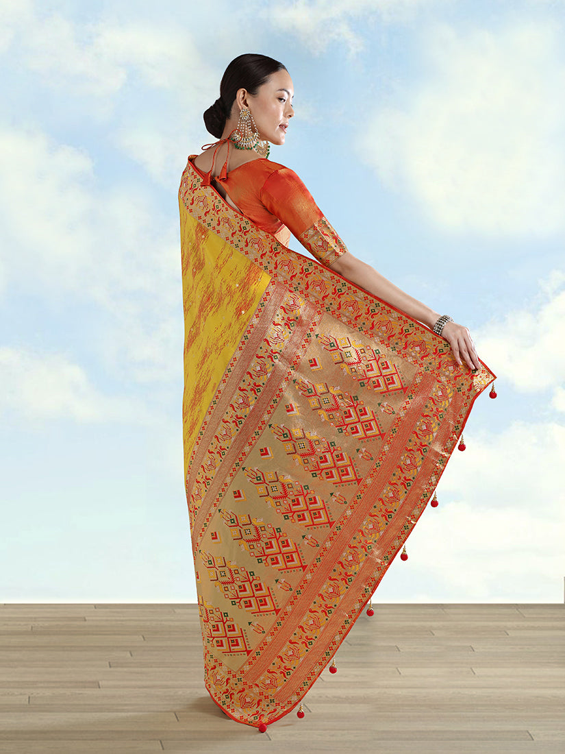Mustard Yellow Color Banarasi Tissue Silk Paithani Woven Saree - Monjolika Fashion