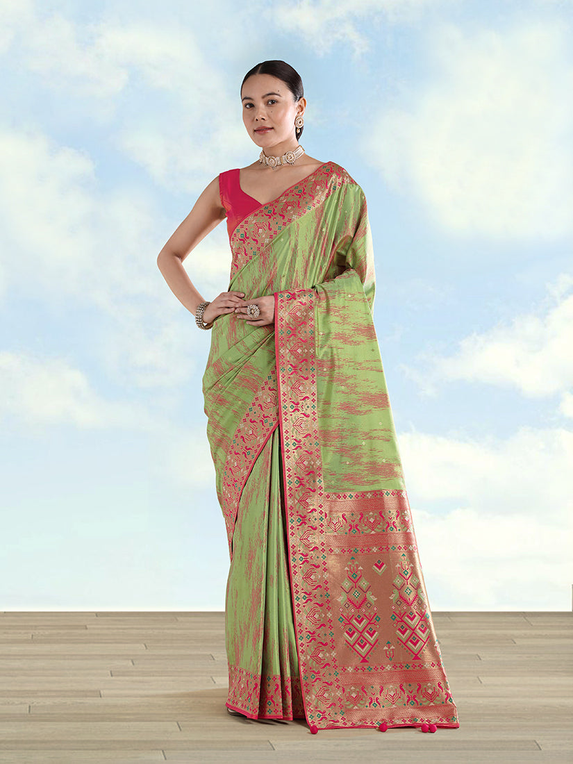 Light Green Color Banarasi Tissue Silk Paithani Woven Saree - Monjolika Fashion