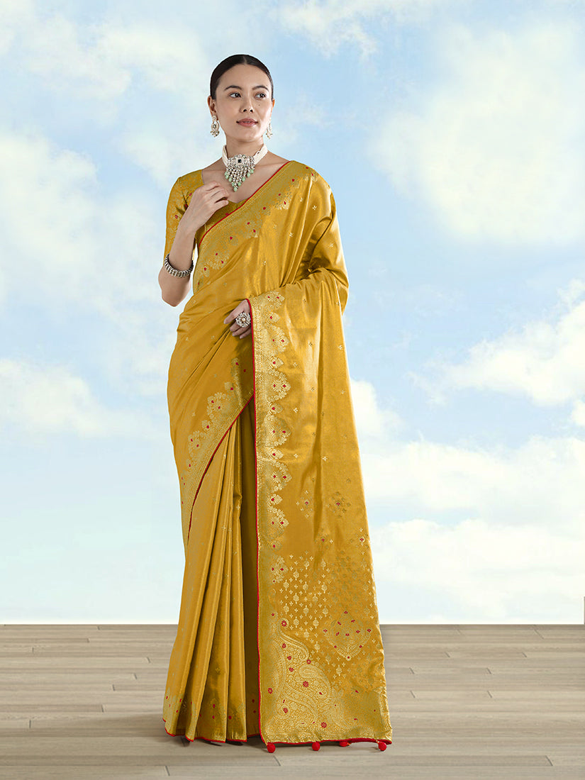 Mustard Color Paisley Zari Woven Banarasi Tissue Silk Saree - Monjolika Fashion