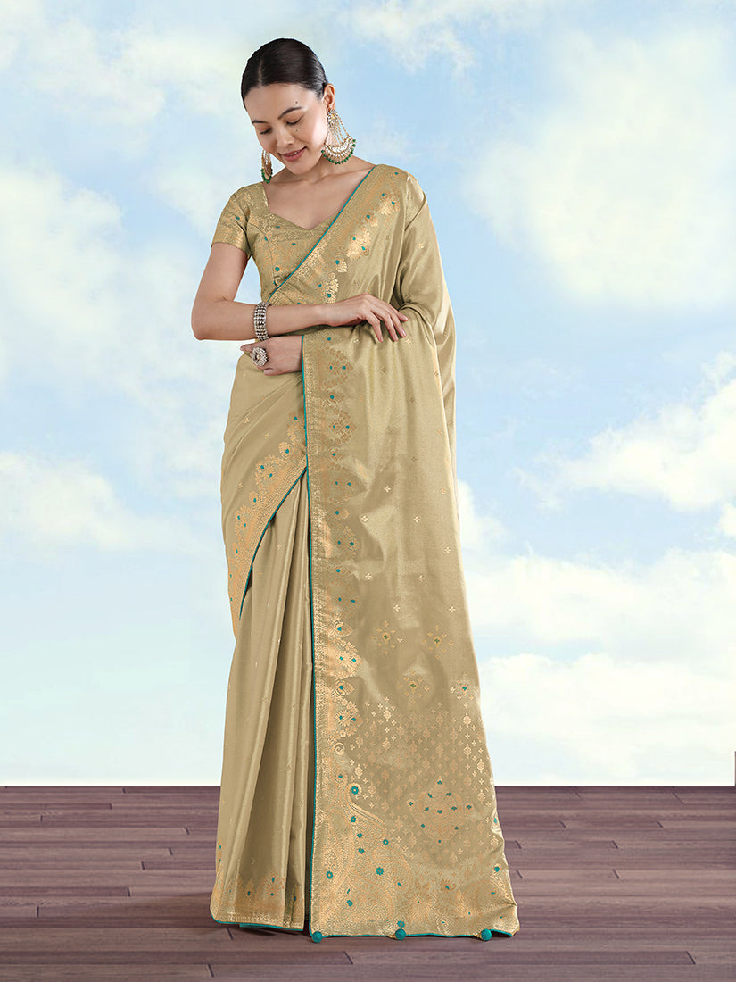Cream Color Paisley Zari Woven Banarasi Tissue Silk Saree - Monjolika Fashion