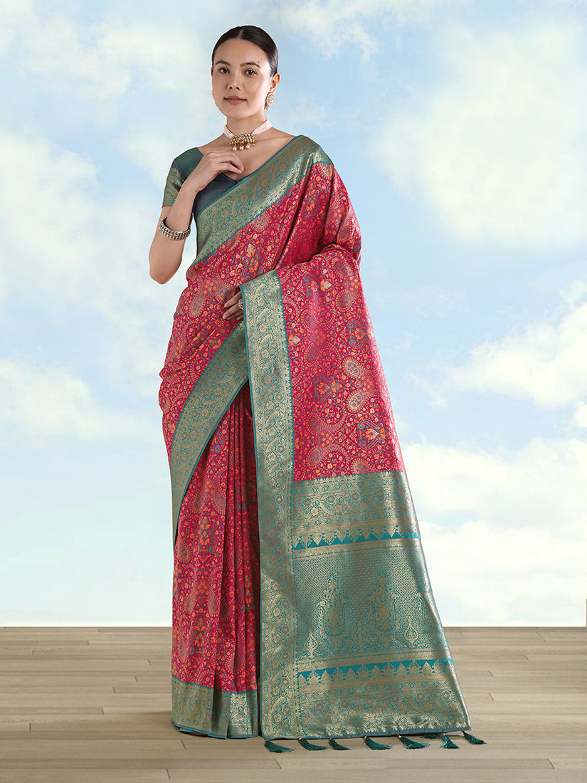 Rani pink Baanrasi Silk Saree With Traditional Paisley Weaves - Monjolika Fashion