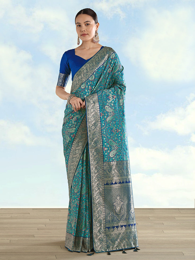Turquoise Baanrasi Silk Saree With Traditional Paisley Weaves - Monjolika Fashion