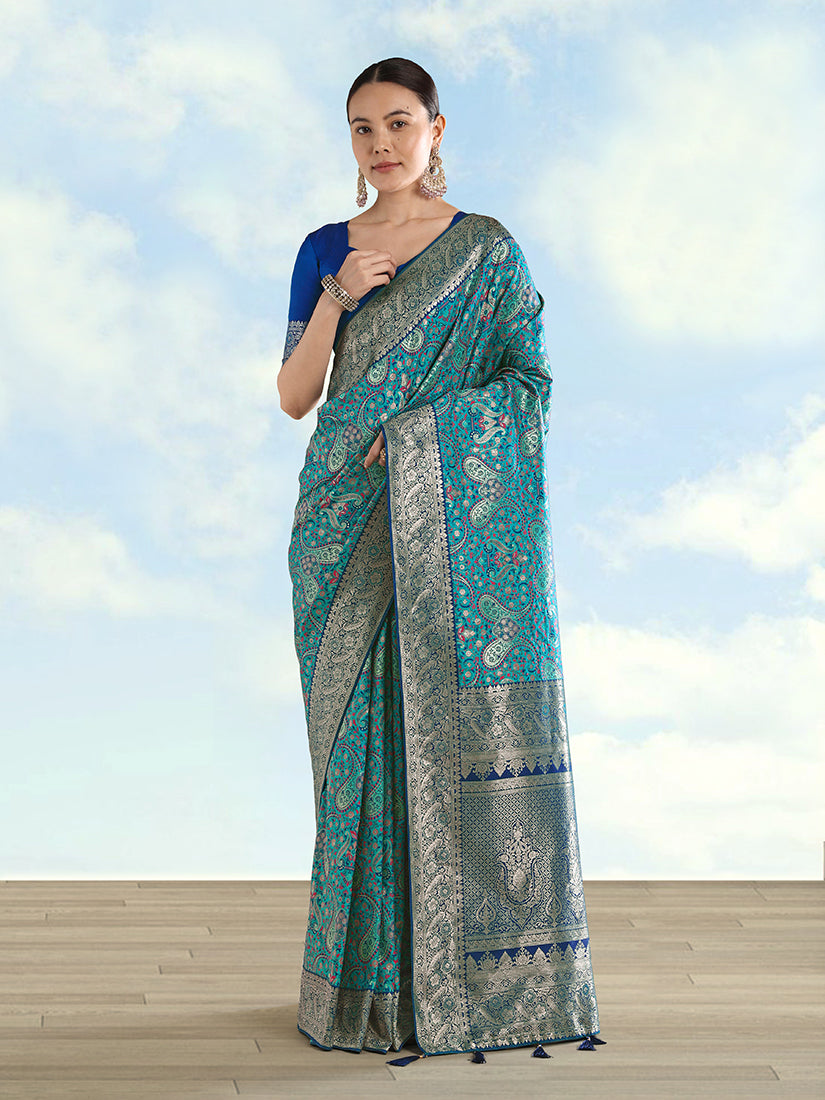 Turquoise Baanrasi Silk Saree With Traditional Paisley Weaves - Monjolika Fashion