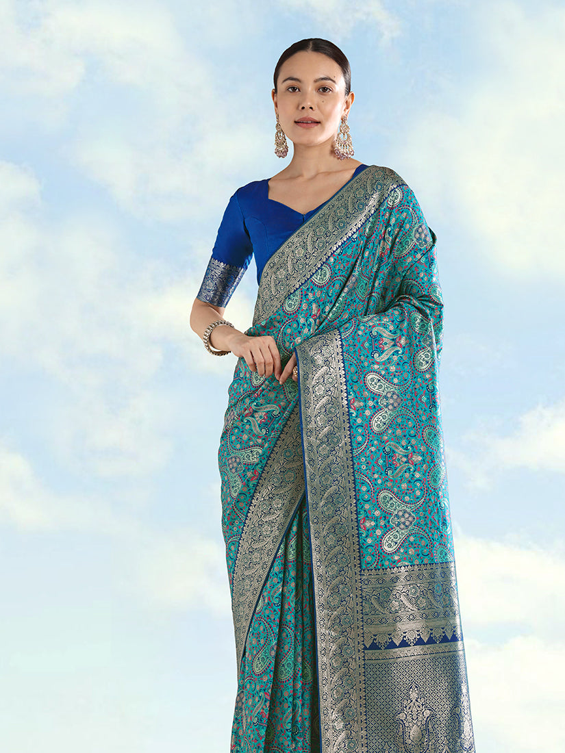 Turquoise Baanrasi Silk Saree With Traditional Paisley Weaves - Monjolika Fashion
