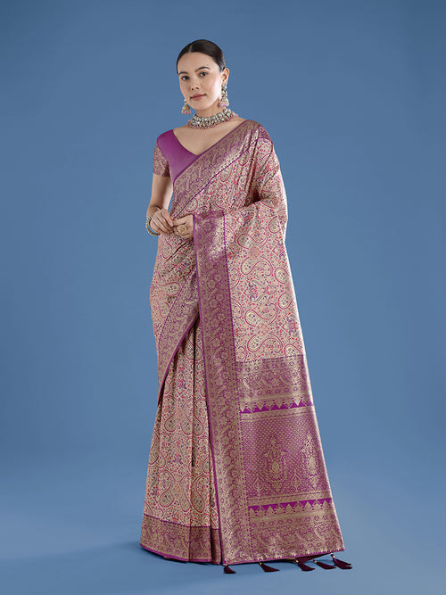 Beige Baanrasi Silk Saree With Traditional Paisley Weaves - Monjolika Fashion