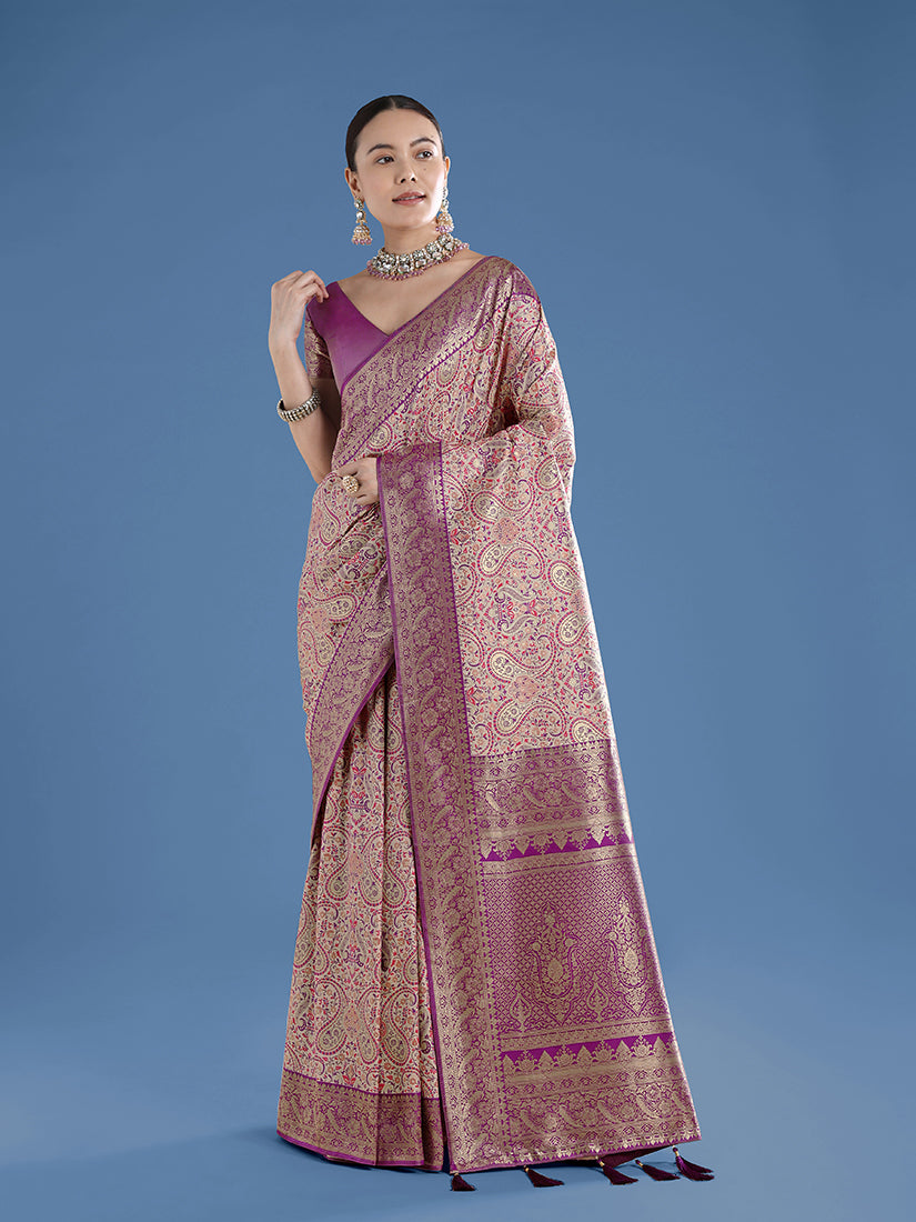 Beige Baanrasi Silk Saree With Traditional Paisley Weaves - Monjolika Fashion