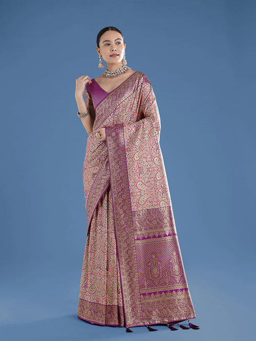 Beige Baanrasi Silk Saree With Traditional Paisley Weaves - Monjolika Fashion