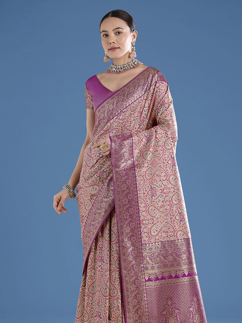 Beige Baanrasi Silk Saree With Traditional Paisley Weaves - Monjolika Fashion