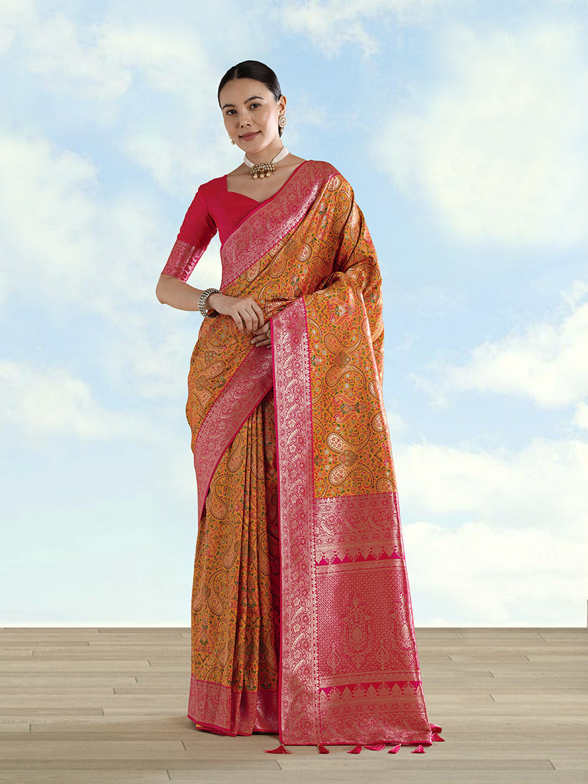Mustard Baanrasi Silk Saree With Traditional Paisley Weaves - Monjolika Fashion