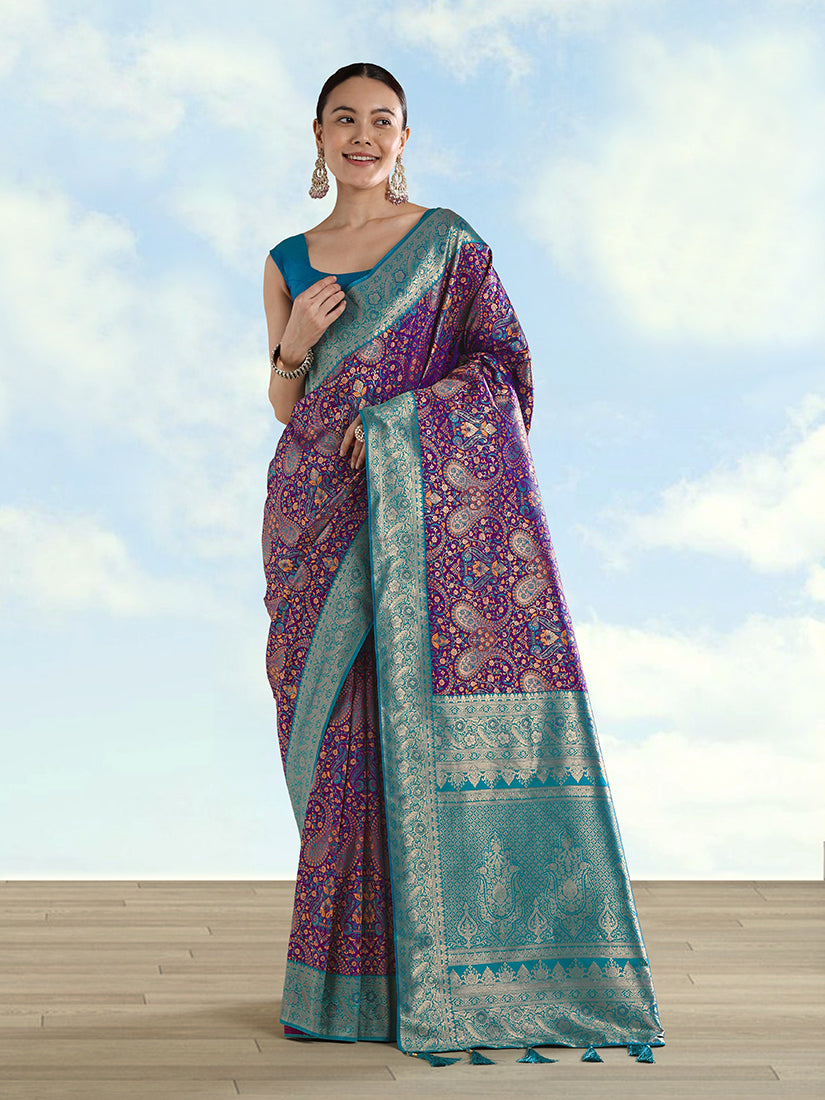 Purple Baanrasi Silk Saree With Traditional Paisley Weaves - Monjolika Fashion