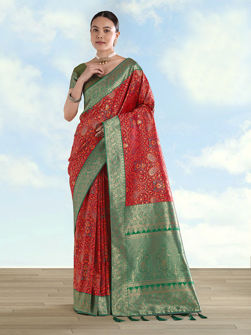 Red Baanrasi Silk Saree With Traditional Paisley Weaves - Monjolika Fashion