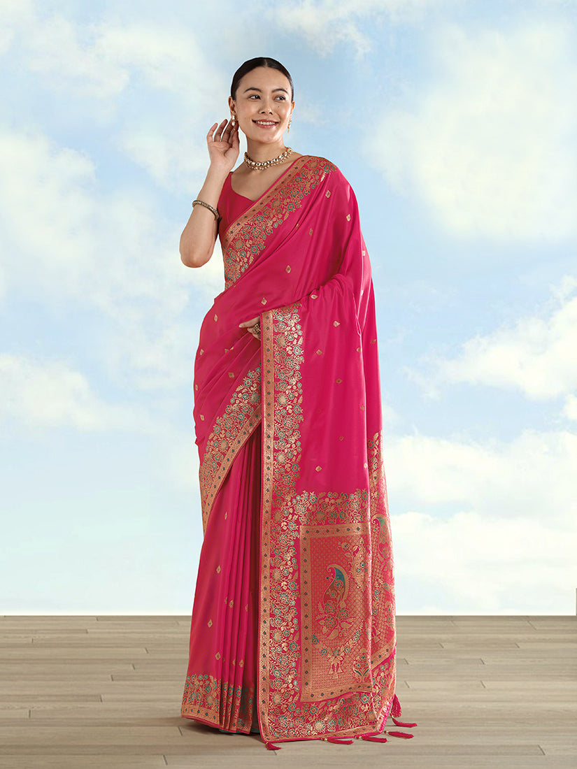 Rani Pink Banarasi Satin silk Saree With Zari Border And Butti Work - Monjolika Fashion