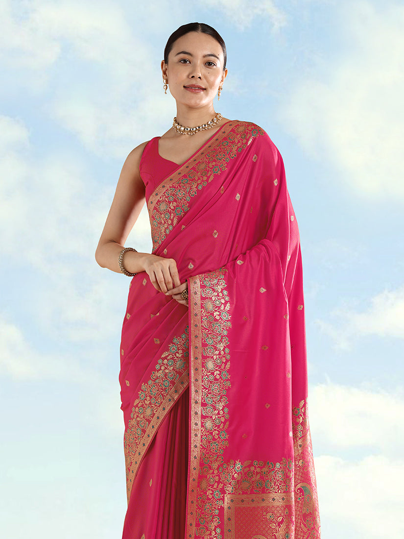 Rani Pink Banarasi Satin silk Saree With Zari Border And Butti Work - Monjolika Fashion