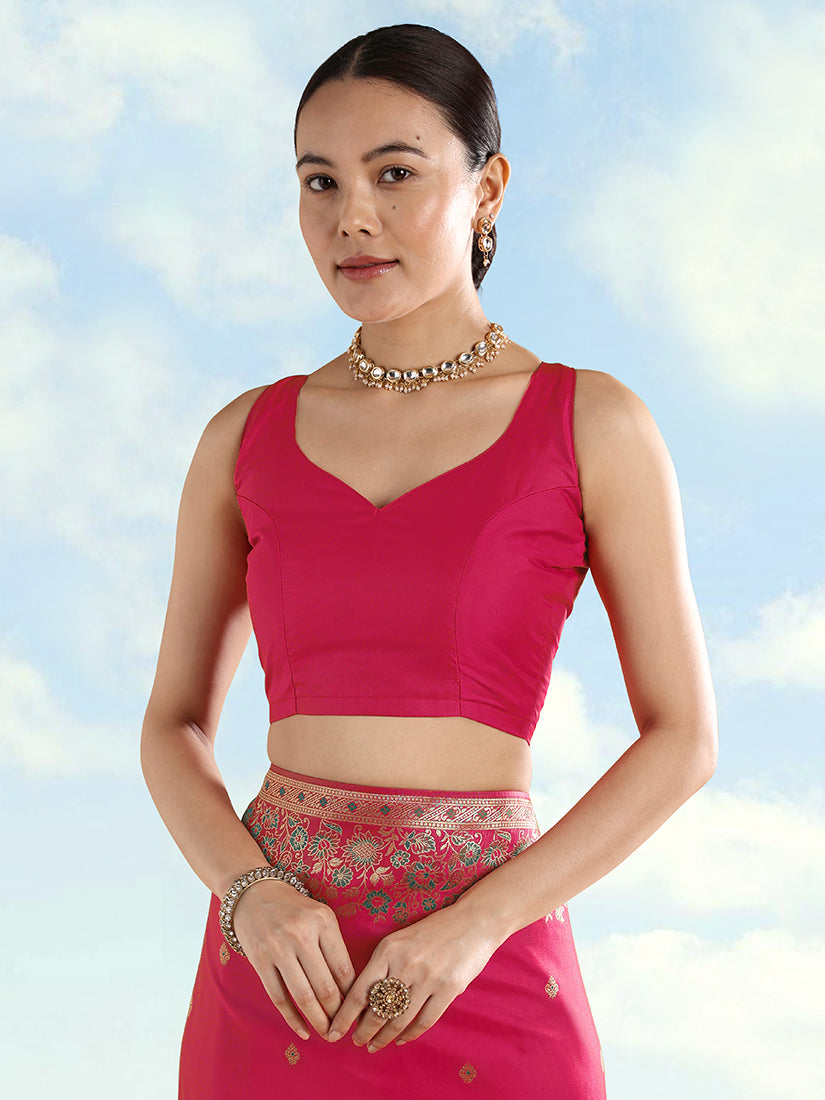 Rani Pink Banarasi Satin silk Saree With Zari Border And Butti Work - Monjolika Fashion