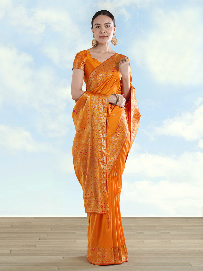 Orange Banarasi Satin silk Saree With Zari Border And Butti Work - Monjolika Fashion