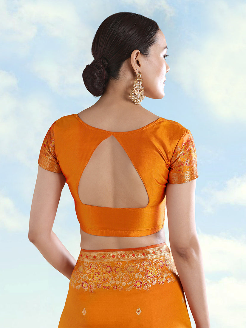 Orange Banarasi Satin silk Saree With Zari Border And Butti Work - Monjolika Fashion