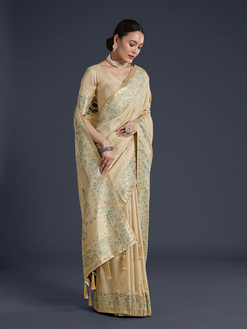 Cream Banarasi Satin silk Saree With Zari Border And Butti Work - Monjolika Fashion