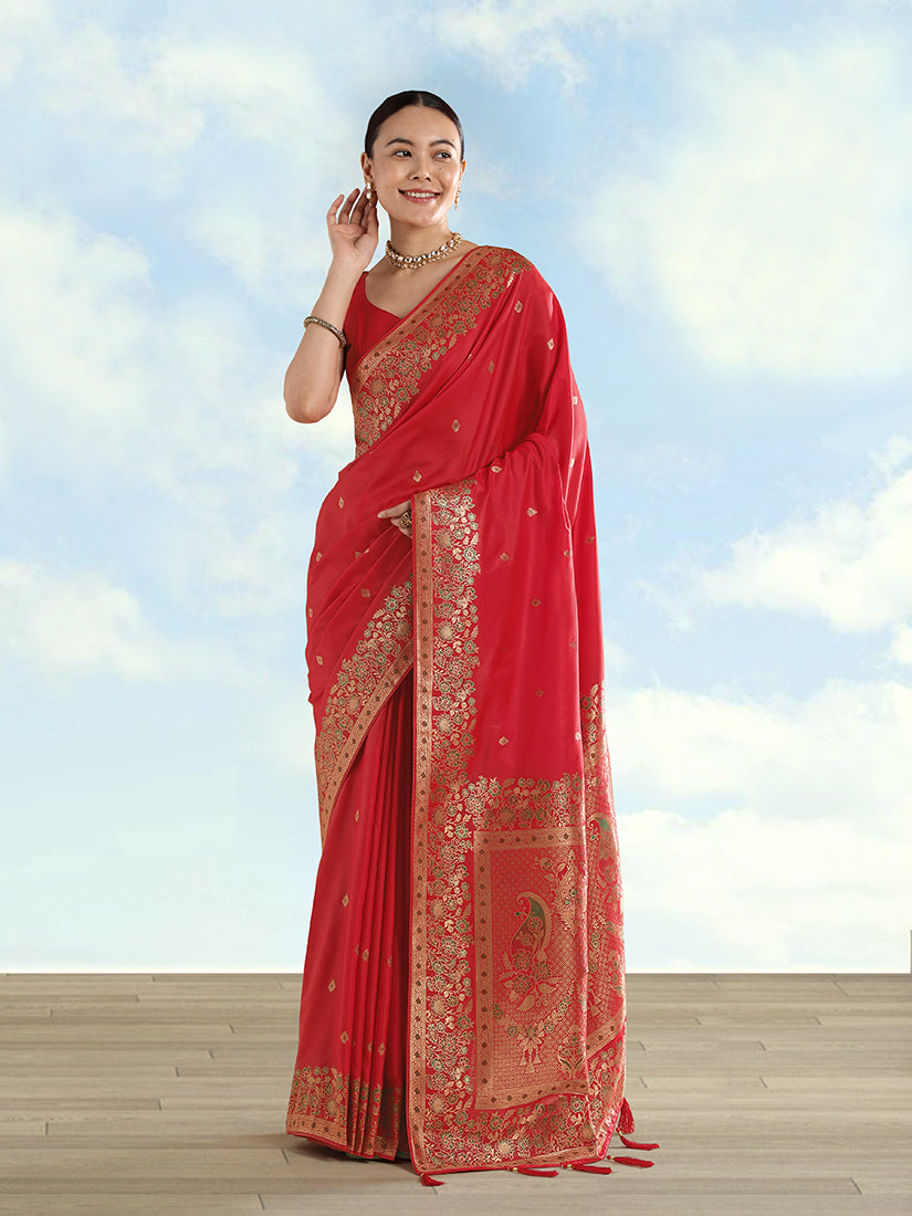 Red Banarasi Satin silk Saree With Zari Border And Butti Work - Monjolika Fashion