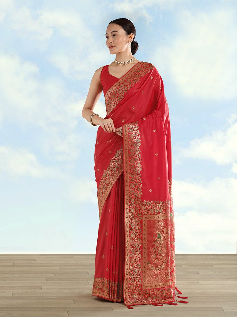 Red Banarasi Satin silk Saree With Zari Border And Butti Work - Monjolika Fashion