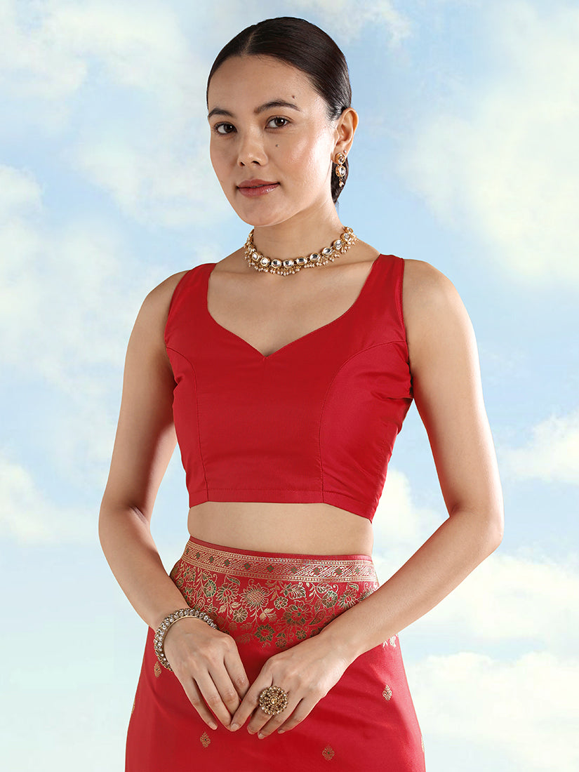 Red Banarasi Satin silk Saree With Zari Border And Butti Work - Monjolika Fashion