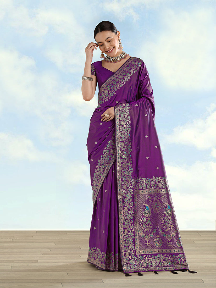 Purple Banarasi Satin silk Saree With Zari Border And Butti Work - Monjolika Fashion