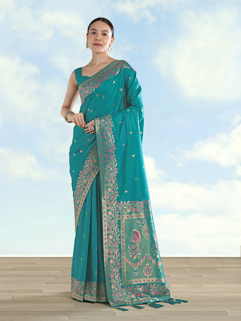 Turquoise Banarasi Satin silk Saree With Zari Border And Butti Work - Monjolika Fashion