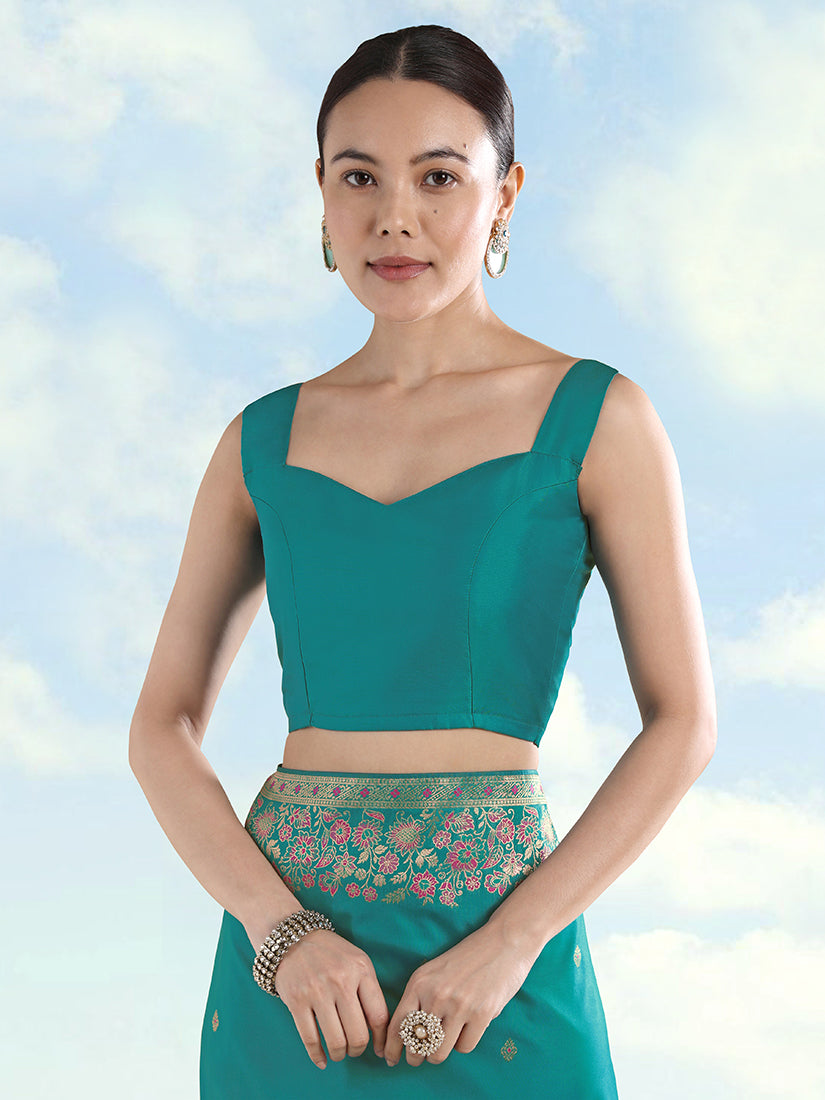 Turquoise Banarasi Satin silk Saree With Zari Border And Butti Work - Monjolika Fashion