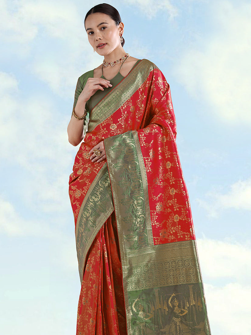 Red Baanrasi Silk Saree With Zari Woven Design - Monjolika Fashion